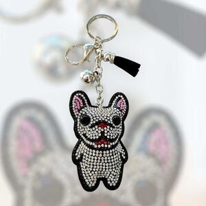 Sparkling Cartoon French Bulldog Badge Charm Keychain with Rhinestones and Tasse